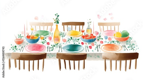 An inviting watercolor dining table set for a joyous gathering hinting at celebration and shared meals with soft