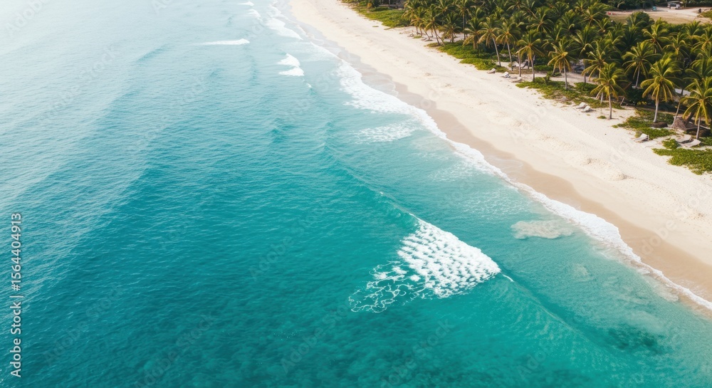 Obraz premium Aerial view of a serene tropical beach with gentle waves and palm trees under a clear sky