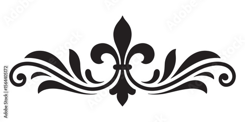 Elegant Flourish Ornament A Symmetrical Decorative Design Featuring a Central Fleur de Lis with Flowing Swirls and Leaf Accents for Invitations and Graphics