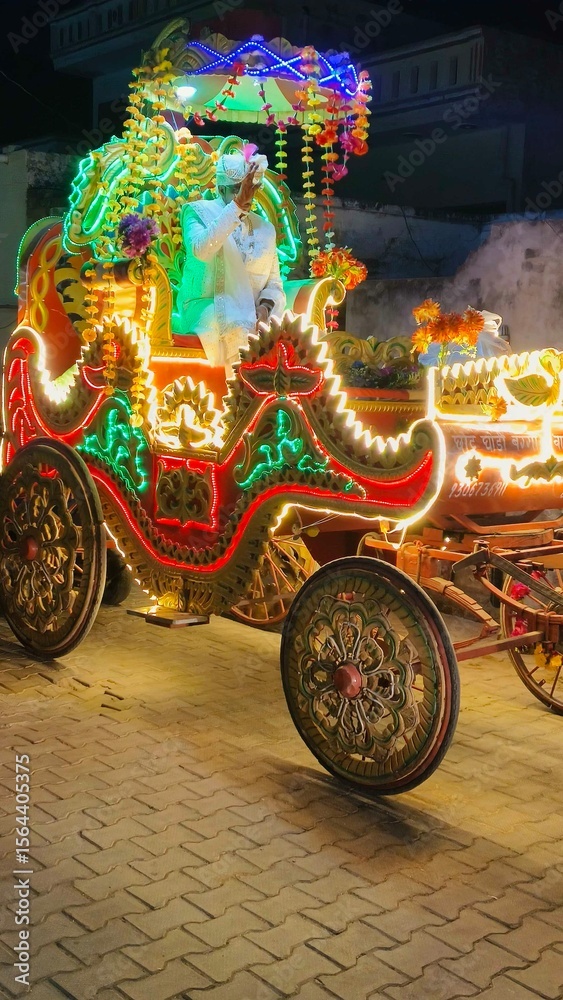 Fototapeta premium Decorative Colorful Horse Cart with Lights – Traditional Indian Festival