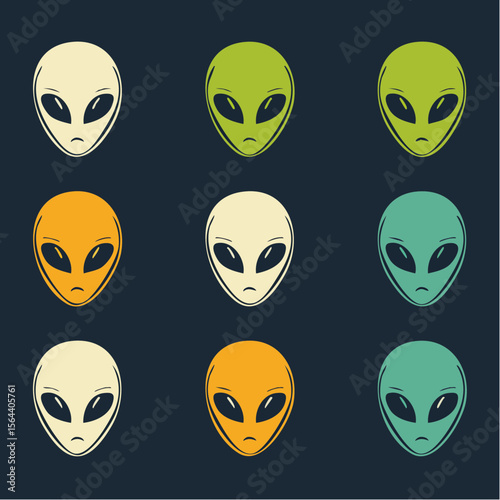 Vector sheet of alien heads in vibrant neon tones. Bold, sharp, and futuristic, ideal for games, sci-fi branding, and character-based UI or design.