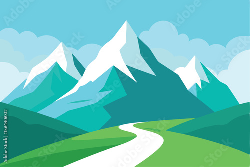 Scenic Mountain Landscape Illustration with Winding Path and Cloud Accents, Creating a Peaceful Outdoor Vista