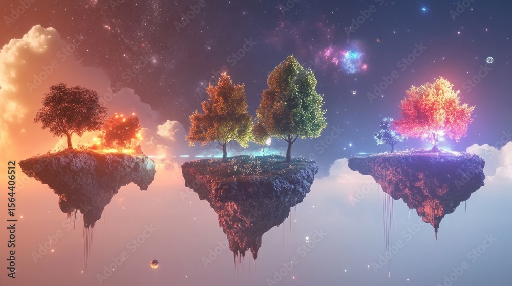 Fototapeta premium Floating Islands with Glowing Trees in a Dreamlike Landscape, Evoking Fantasy
