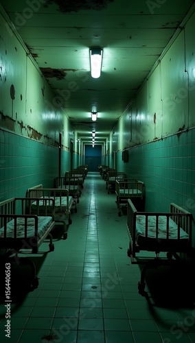 Deserted hospital hallway at midnight with greenish tint and a single flickering light, hospital beds parked against walls, and unsettling silence echoing through the tiled corridor.

