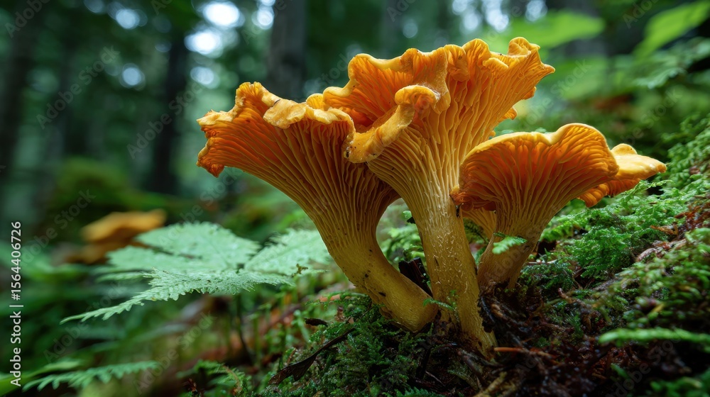 A cluster of vibrant, golden chanterelle mushrooms bursts forth from a moss-covered log in a lush forest. A captivating image that invites you to explore the hidden beauty of nature. A cluster of vibrant, golden chanterelle mushrooms bursts forth from a moss-covered log in a lush forest. A captivating image that invites you to explore the hidden beauty of nature.