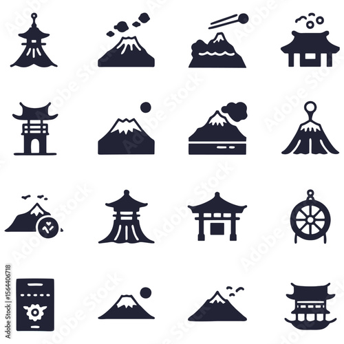 Sechzehn japanische Symbole mit Bergen und Tempeln; perfekt für Reiseführer, Kulturblogs und Tourismuswerbung, die authentische asiatische Elemente suchen