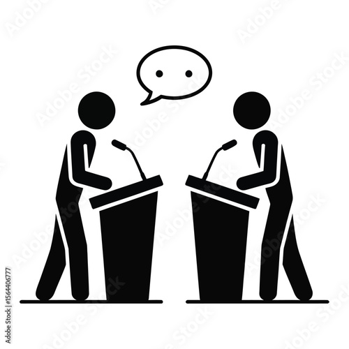 Two Stick Figures at Podiums Engaging in Dialogue Black and White Icon debate discussion