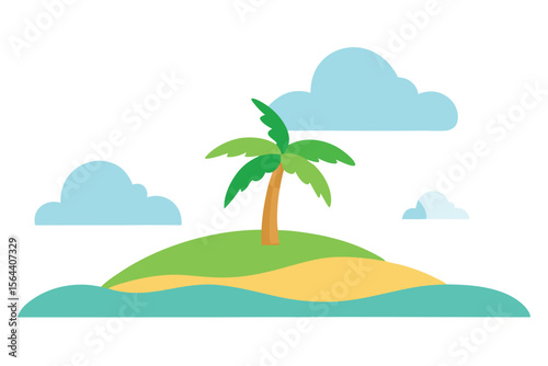 Tropical Island Paradise Illustration Palm Tree, Sandy Beach, and Azure Water in a Serene Landscape