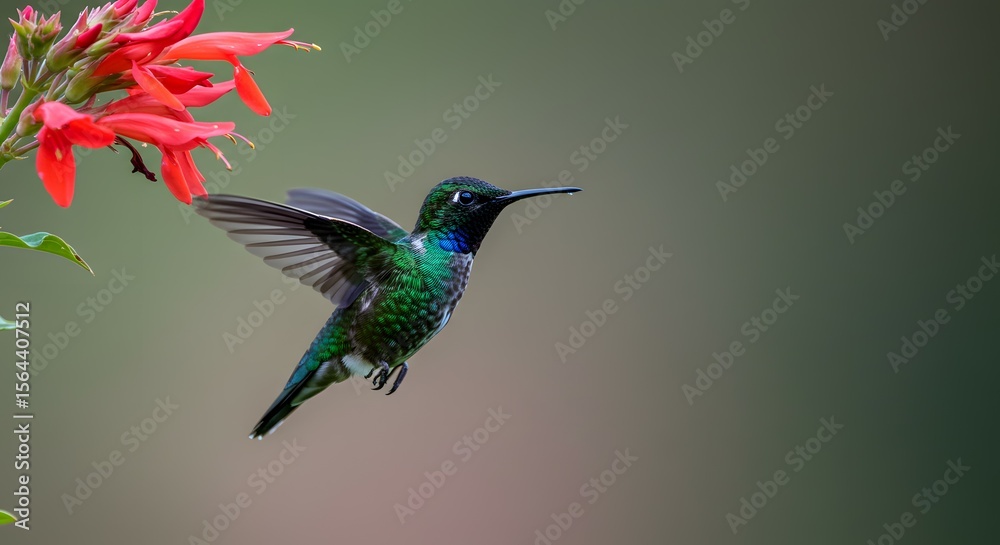 Obraz premium Vibrant Hummingbird in Flight Near Red Flower A Stunning Nature Photography