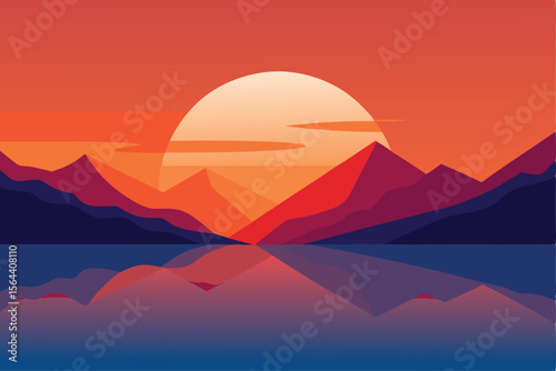 Tranquil Sunset Silhouette Majestic Mountains Reflected on Calm Waters with Warm Hues and Clean Vector Art