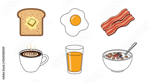 Illustration of a breakfast set with toast egg bacon coffee juice and cereal in a white background