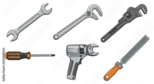 Illustration of various hand tools including wrenches screwdriver and file on a white background space