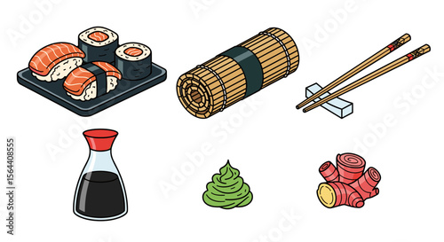 Isometric illustration of sushi with salmon, rolls, mat, chopsticks, soy sauce, wasabi, and ginger