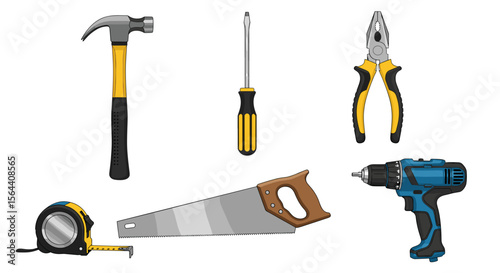Illustration of various hand tools including a hammer screwdriver and pliers on a white background