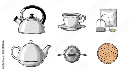 Illustration showing two kettles, a teacup, a tea bag, a tea infuser, and a cookie arranged neatly