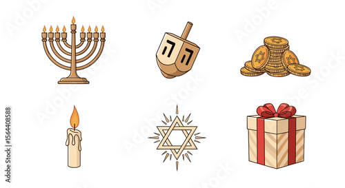 Illustration showing menorah dreidel coins candle star of david and present representing hanukkah symbols