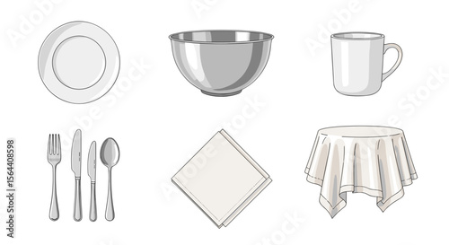 Illustration of a plate, mixing bowl, mug, silverware, napkin, and table with tablecloth in white