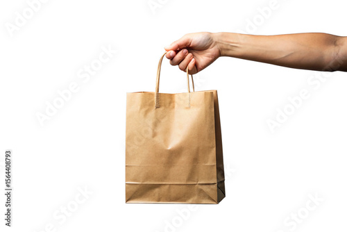 Hand Holding Kraft Paper Bag isolated on Transparent Background