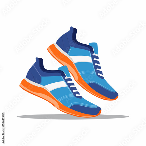 Dynamic Strides: An illustration capturing a pair of vibrant blue and orange athletic shoes, suspended in motion, perfect for showcasing the energy and dynamism of sports.