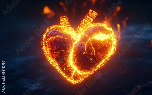 A glowing, fiery heart radiates against a dark, smoky background.