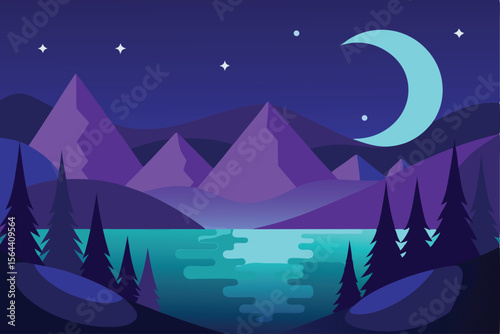 Night Landscape Illustration Mountains, Lake, Moon, and Stars in Vector Art, Beautiful Tranquil Nightscape