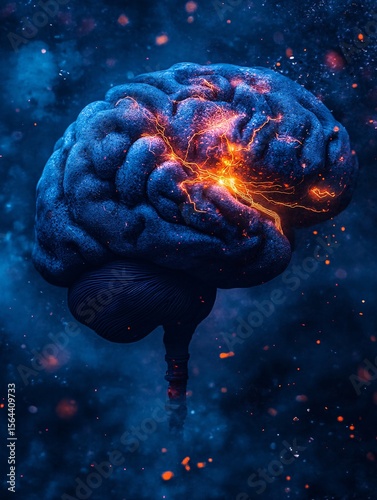 Artistic depiction of a human brain with glowing neural activity, set against a dark background.