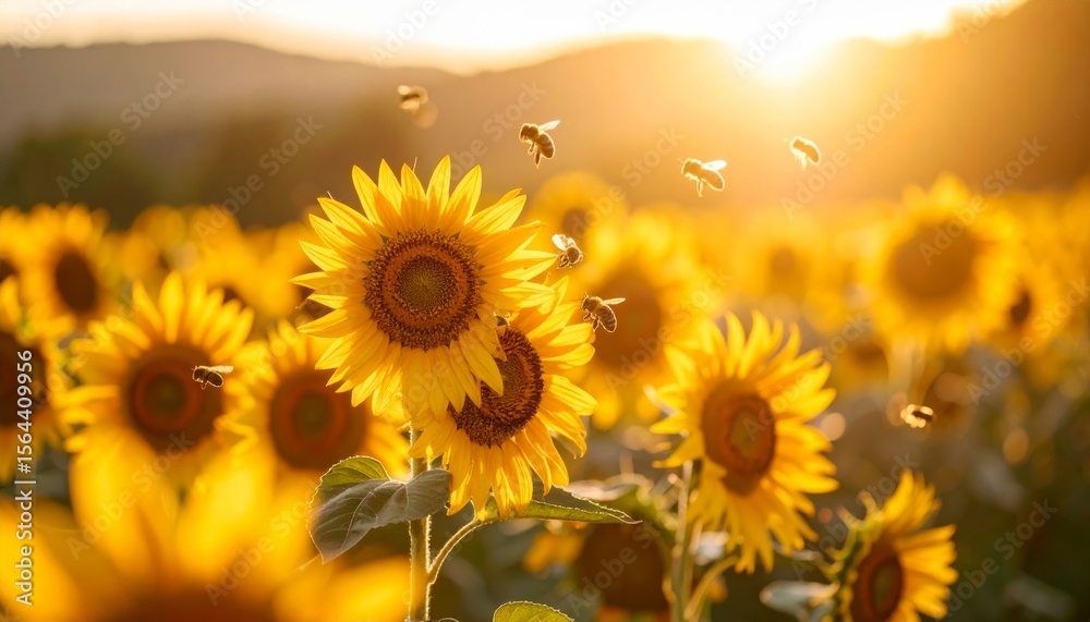 Obraz premium Yellow sunflowers brightly blossom in a summer field under a colorful sky an bee