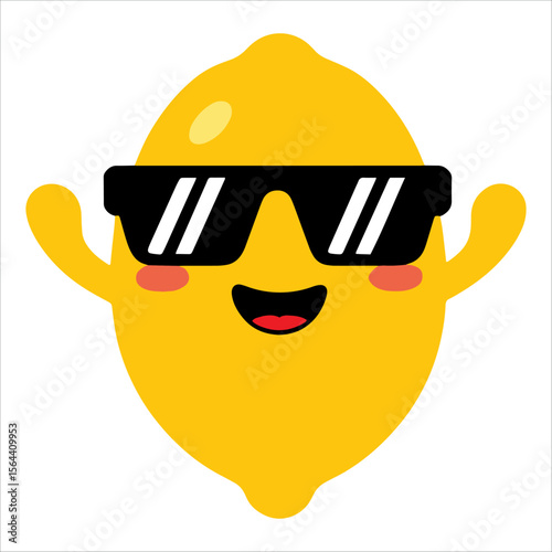 Funny lemon character with sunglasses vector illustration. Cheerful fruit mascot ideal for party designs and food product marketing.