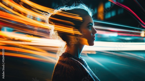 A Woman bathed in the city lights, immersed in the vibrant nightlife