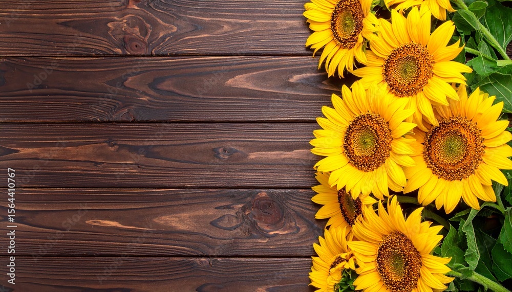 Obraz premium Yellow sunflowers bloom beautifully on a rustic wooden background, capturing the vibrant essence of summer nature