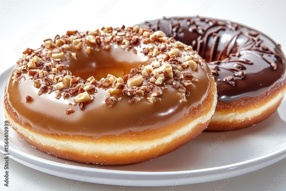 Two donuts topped with chocolate glaze and nuts are on a white plate Two donuts topped with chocolate glaze and nuts are on a white plate