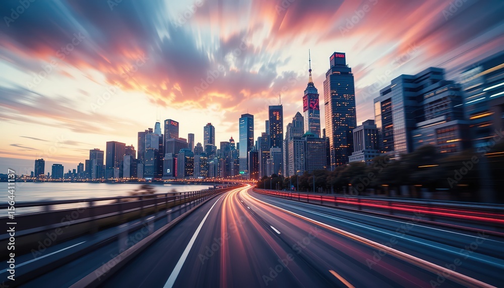 Obraz premium Asphalt Road Leading to Futuristic City Skyline at Dawn, skyline glows at sunset, with vibrant colors and streaks of car lights illuminating the road ahead 