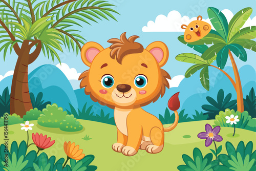 Adorable Baby Lion Cub in Lush Tropical Jungle Setting