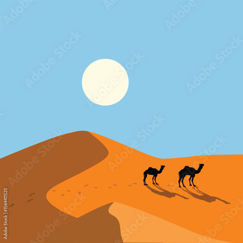 Dune desert, Bright sun over camels walking under dunes.