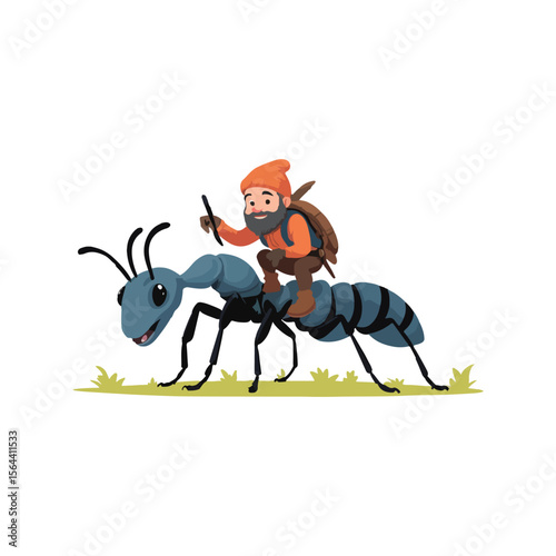 Dwarf on Giant Ant Vector Illustration