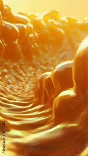 The image shows a close-up view of a flowing, golden substance, resembling a viscous liquid or molten metal, with undulating waves and textured surfaces creating a dynamic, almost abstract visual.