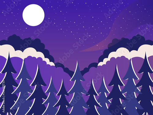 Minimalist Flat Style Vector Illustration With Dark Purple And Beige Color Palette, Featuring A Lush Pine Forest With A Large Full Moon In A Starry Night Sky.