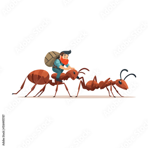Dwarf on Giant Ant Vector Illustration
