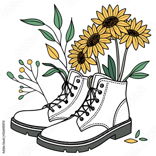 Rustic White Boots with Blooming Sunflowers and Greenery