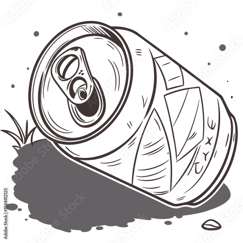 Discarded aluminum soda can lying on the ground near grass and dirt