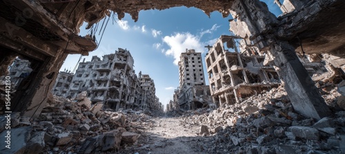 Building ruins rubble after war conflict. Generative AI technology.	
