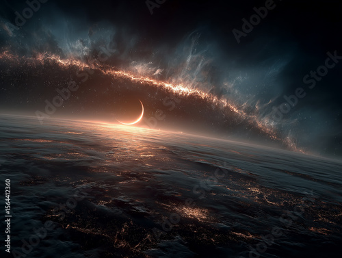 A minimal surreal scene of the sun fading into black void, earth in silhouette