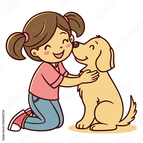 A Young Girl Affectionately Hugs Her Beloved Golden Retriever Puppy