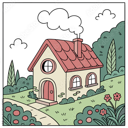 Charming Cottage Nestled Amidst Lush Greenery and Blooming Flowers on a Sunny Day