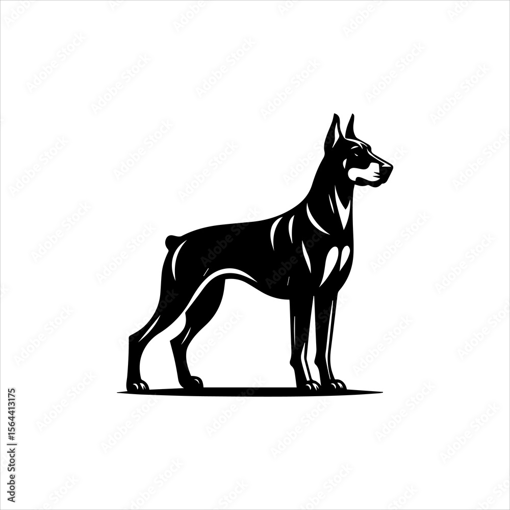 Fototapeta premium Doberman Dog Full Body Vector Logo in Solid Black Isolated on White Background
