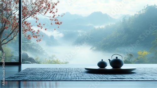 Fototapeta Naklejka Na Ścianę i Meble -  Serene Japanese tea ceremony setting overlooking misty mountains.