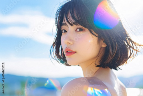 プリズムが美しい屋外撮影風の若い日本人女性美容ポートレート