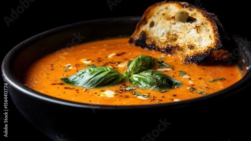 Delicious Tomato Soup with Basil and Toasted Bread in a Black Bowl