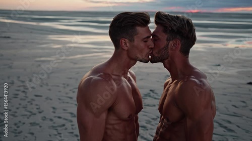 Romantic gay couple kissing on beach shirtless emotional connection during sunset