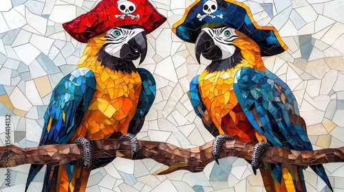 Two pirate parrots in stained glass mosaic style.